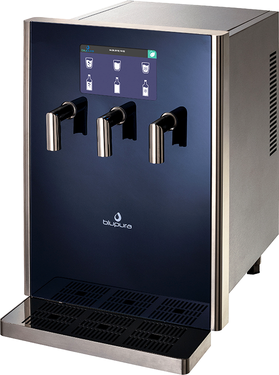 Wasserspender Auftischger&auml;t Bluglass 80plus aus Edelstahl, mit Touchscreen und 3 Zapfh&auml;hnen.